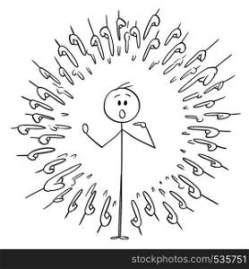 Cartoon stick figure drawing conceptual illustration of shocked man and many hands and fingers pointing at him as metaphor of selection or blame.. Cartoon of Man and Many hands Pointing at Him, Concept of Selection or Blaming