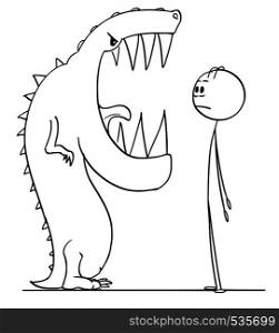 Cartoon stick figure drawing conceptual illustration of shocked man watching big teeth in mouth of dangerous lizard monster.. Cartoon of Shocked Man Watching Mouth of Dangerous Giant Lizard Monster