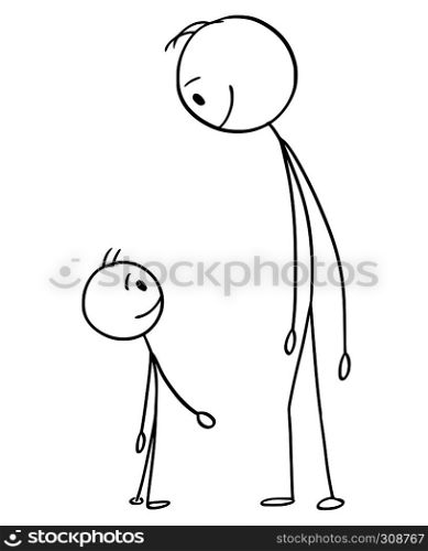 Cartoon stick figure drawing conceptual illustration of smiling and happy man or father and small boy or son watching each other.. Cartoon of Man And Boy or Father And Son
