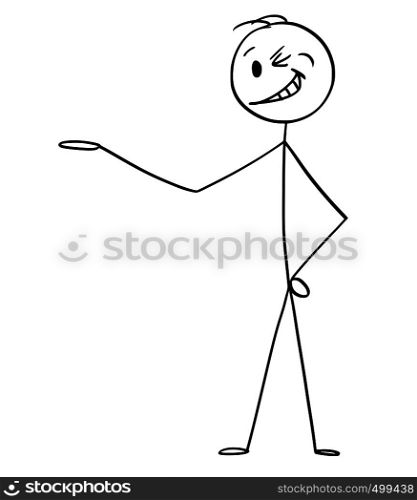 Cartoon stick figure drawing conceptual illustration of smiling and winking man or businessman pointing his hand and offering or showing something.. Cartoon of Smiling and Winking Man or Businessman Offering or Showing Something