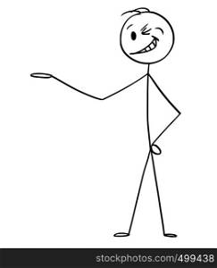 Cartoon stick figure drawing conceptual illustration of smiling and winking man or businessman pointing his hand and offering or showing something.. Cartoon of Smiling and Winking Man or Businessman Offering or Showing Something