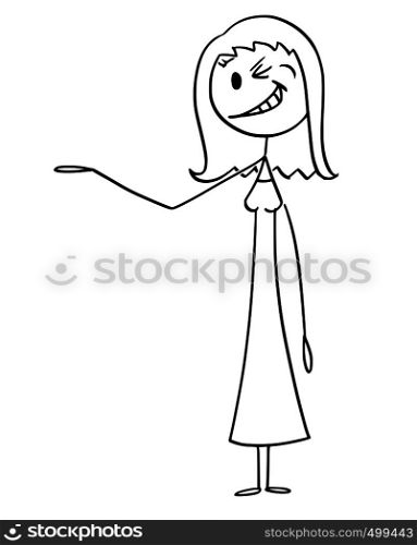 Cartoon stick figure drawing conceptual illustration of smiling and winking woman or businesswoman pointing his hand and offering or showing something.. Cartoon of Smiling and Winking Woman or Businesswoman Offering or Showing Something