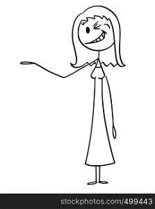 Cartoon stick figure drawing conceptual illustration of smiling and winking woman or businesswoman pointing his hand and offering or showing something.. Cartoon of Smiling and Winking Woman or Businesswoman Offering or Showing Something
