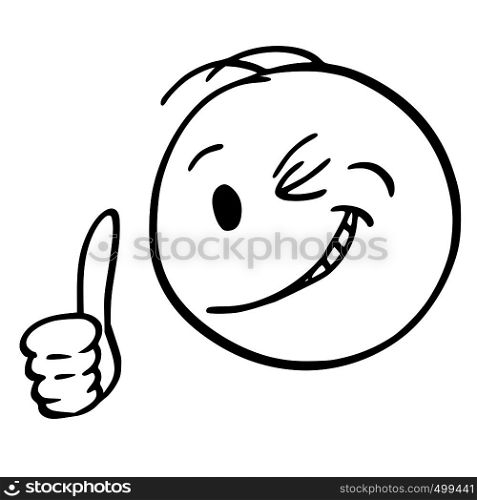Cartoon stick figure drawing conceptual illustration of smiling man or businessman winking and showing thumb up.. Cartoon of Face of Smiling and Winking Man or Businessman Showing Thumb Up