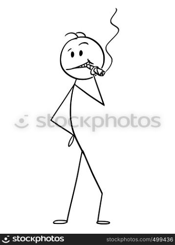 Cartoon stick figure drawing conceptual illustration of smiling overconfident man posing and smoking big cigar.. Cartoon of Smiling Overconfident Man or Businessman Smoking Cigar
