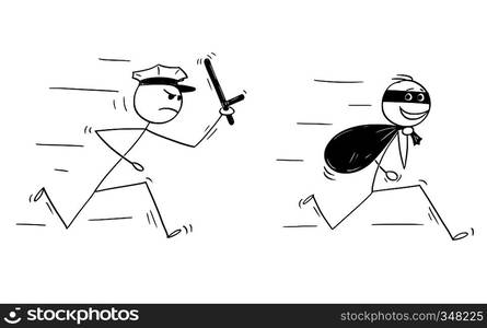 Cartoon stick figure drawing conceptual illustration of smiling thief running with bag of loot and policemen chasing him.. Cartoon of Smiling Thief Running With Bag of Loot and Policeman Chasing Him