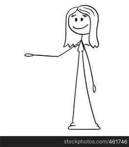 Cartoon stick figure drawing conceptual illustration of smiling woman in ling dress or gown offering, showing or pointing at something.. Cartoon of Woman in Dress or Gown Offering, Showing or Pointing at Something