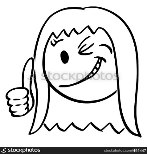 Cartoon stick figure drawing conceptual illustration of smiling woman or businesswoman winking and showing thumb up.. Cartoon of Face of Smiling and Winking Woman or Businesswoman Showing Thumb Up