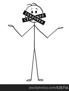 Cartoon stick figure drawing conceptual illustration of talking man with censored bar or sign covering his mouth. Concept of freedom of speech and censure.. Cartoon of Talking Man with Censored Bar or Sign Covering His Mouth