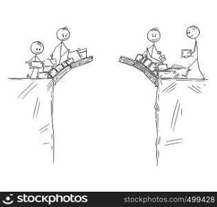 Cartoon stick figure drawing conceptual illustration of two groups of men or businessmen building bridge together to connect with other side. business concept of cooperation.. Cartoon of Two Groups of Men or Businessmen Cooperate and Building Together Bridge to Connect with Other Side