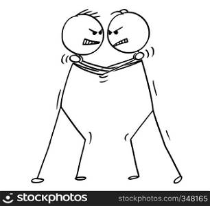 Cartoon stick figure drawing conceptual illustration of two men or businessmen holding each other’s neck and strangling or throttling the opponent.. Cartoon of Two Men or Businessmen Holding Each Other’s Neck and Strangling