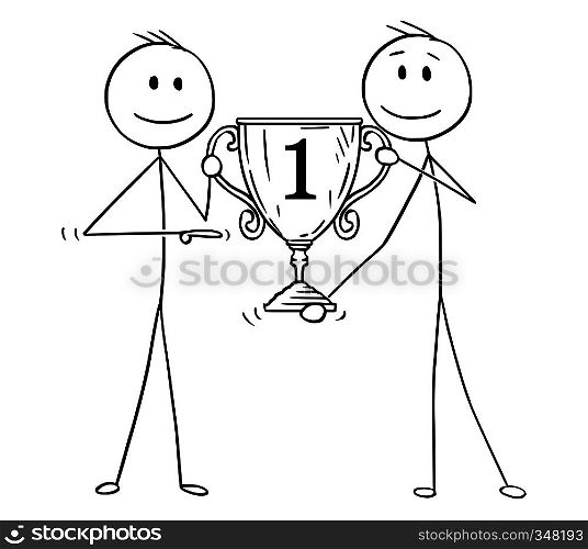 Cartoon stick figure drawing conceptual illustration of two men or businessmen holding together number one trophy cup for winner. Business concept of success and competition.. Cartoon of Two Men or Businessmen Holding Together Trophy Cup For Winner