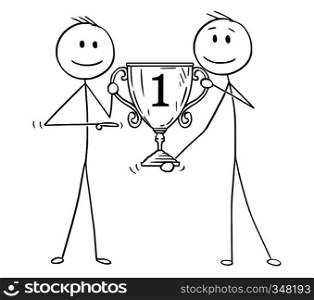 Cartoon stick figure drawing conceptual illustration of two men or businessmen holding together number one trophy cup for winner. Business concept of success and competition.. Cartoon of Two Men or Businessmen Holding Together Trophy Cup For Winner