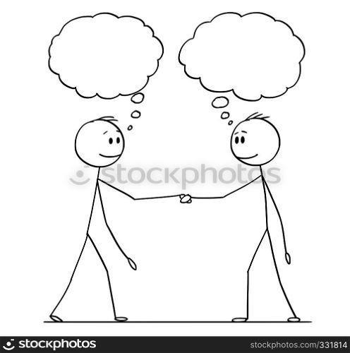 Cartoon stick figure drawing conceptual illustration of two men or businessmen or politicians handshaking with empty speech bubbles for your text.. Cartoon of Two Men or Businessmen or Politicians Handshaking