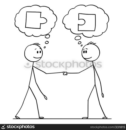Cartoon stick figure drawing conceptual illustration of two men or businessmen or politicians handshaking with matching jigsaw puzzle pieces in speech bubbles.. Cartoon of Two Men or Businessmen or Politicians Handshaking With Matching Puzzle Pieces in Mind
