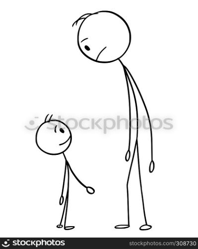 Cartoon stick figure drawing conceptual illustration of unhappy man or father and small boy or son watching each other.. Cartoon of Man And Boy or Father And Son