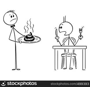 Cartoon stick figure drawing conceptual illustration of waiter in fancy or luxury restaurant serving shit or excrement to surprised hungry man.. Cartoon of Waiter in Luxury or Fancy Restaurant Serving Shit or Excrement to Surprised Hungry Man