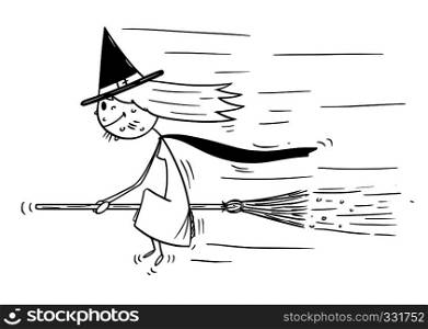 Cartoon stick figure drawing conceptual illustration of with sitting on broomstick and flying on broom.. Cartoon of With Flying Sitting on Broom