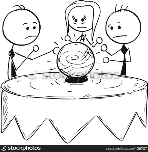 Cartoon stick man concept drawing illustration of business people predict fortune telling market future from the crystal ball.