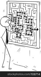 Cartoon stick man concept drawing illustration of businessman looking at maze on wall board poster.