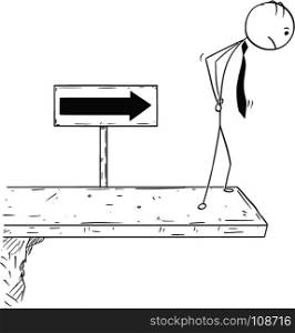 Cartoon stick man concept drawing illustration of businessman standing on the end of the road or bridge. Concept of break of the business career.