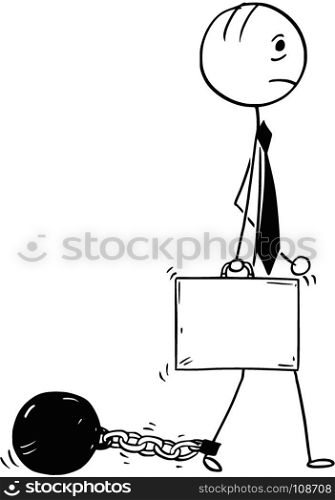 Cartoon stick man concept drawing illustration of businessman with iron ball and chain attached to leg.