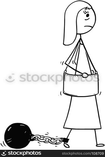 Cartoon stick man concept drawing illustration of businesswoman with iron ball and chain attached to leg.
