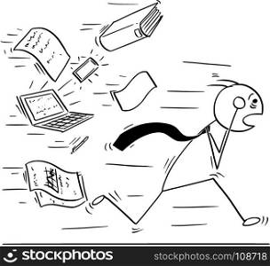 Cartoon stick man concept drawing illustration of overworked tired businessman running away chased by office paper work. Concept of business overworking stress.