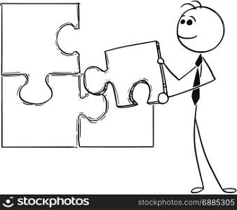 Cartoon stick man conceptual illustration of business man businessman holding last jigsaw puzzle piece as solving problem.