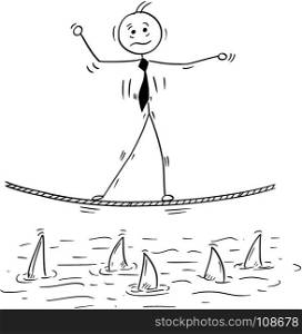 Cartoon stick man drawing conceptual illustration of business man balancing walking on tightrope rope above shark water.