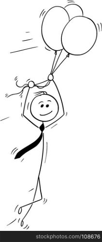 Cartoon stick man drawing conceptual illustration of business man flying high holding air balloons. Concept of success.