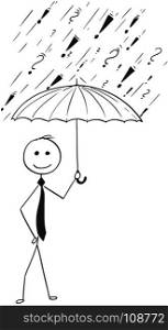 Cartoon stick man drawing conceptual illustration of business man holding umbrella protecting him from troubles and problems.Concept of protection.