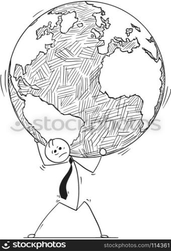 Cartoon stick man drawing conceptual illustration of businessman carry weight of the world Earth globe on his shoulders. Concept of global or international business issues.