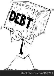 Cartoon stick man drawing conceptual illustration of businessman carrying big block of stone of rock. Concept of business stress from debt.