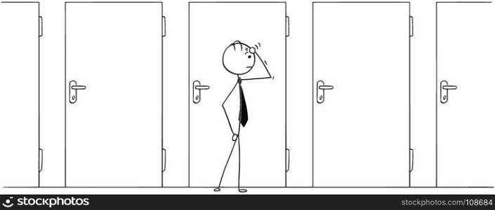 Cartoon stick man drawing conceptual illustration of businessman choosing right from many door options.