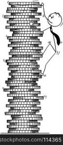 Cartoon stick man drawing conceptual illustration of businessman climbing golden coin pile. Concept of business effort and success.