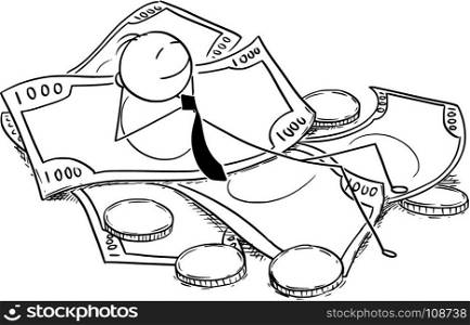 Cartoon stick man drawing conceptual illustration of businessman enjoying lying on pile of money, coins and banknotes. Concept of business financial success.