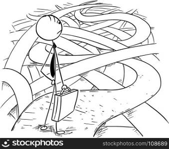 Cartoon stick man drawing conceptual illustration of businessman facing the challenges and difficulties of business financial crisis standing on the chaos of roads and ways.