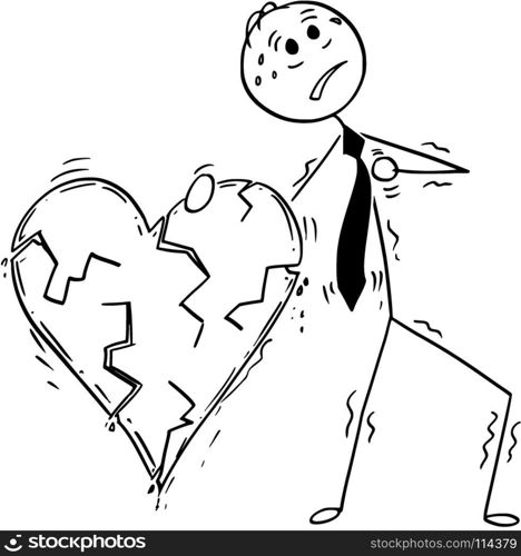 Cartoon stick man drawing conceptual illustration of businessman holding large cracked heart and heaving heart attack. Business concept of stress, overwork and unhealthy lifestyle.. Conceptual Cartoon of Business Man Having Heart Attack