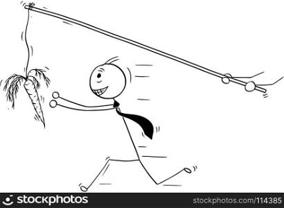 Cartoon stick man drawing conceptual illustration of businessman pursue or chase after carrot illusion or delusion of money. Business concept of greed.. Conceptual Cartoon of Businessman Chasing after Illusion