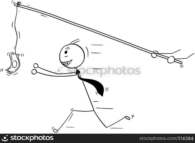 Cartoon stick man drawing conceptual illustration of businessman pursue or chase after money. Business concept of greed.. Conceptual Cartoon of Businessman Chasing after Money
