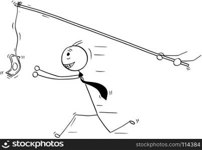 Cartoon stick man drawing conceptual illustration of businessman pursue or chase after money. Business concept of greed.. Conceptual Cartoon of Businessman Chasing after Money