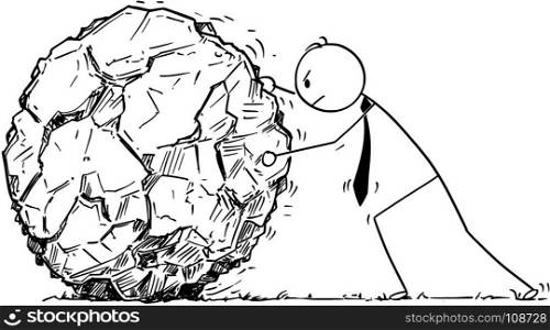 Cartoon stick man drawing conceptual illustration of businessman rolling large rock. Concept of hard business task.