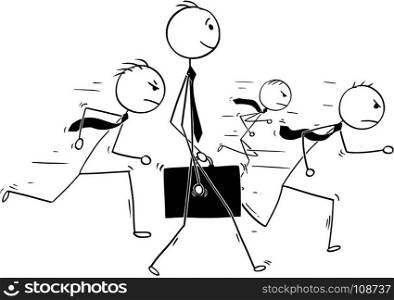 Cartoon stick man drawing conceptual illustration of businessman standing out of the crowd . Concept of business individuality.