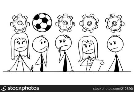 Cartoon stick man drawing conceptual illustration of businessman thinking about soccer or football during team meeting and brainstorming.. Cartoon of Businessman Thinking About Soccer or Football During Team Brainstorming