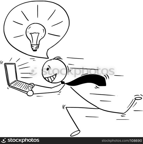 Cartoon stick man drawing conceptual illustration of businessman who got great idea running with laptop notebook computer and light bulb in speech bubble above his head.
