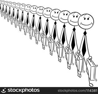 Cartoon stick man drawing conceptual illustration of crowd of identical businessman or clerk clones produced in mass without personality. Business concept of bureaucracy and mediocrity.. Conceptual Cartoon of Identical Businessmen or Clerks