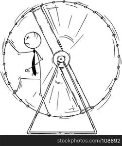 Cartoon stick man drawing conceptual illustration of exhausted businessman in squirrel wheel doing ineffective routine job.