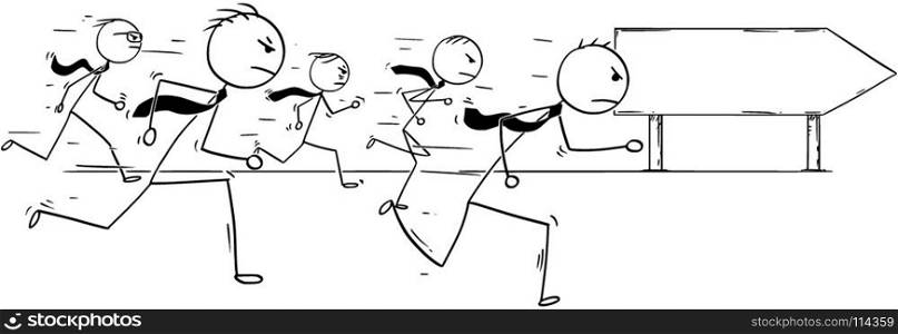 Cartoon stick man drawing conceptual illustration of five businessmen or business people running competition race and empty blank sign.