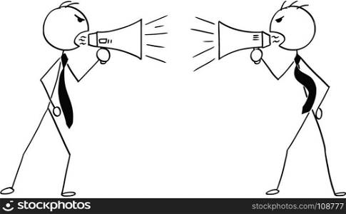 Cartoon stick man drawing conceptual illustration of two angry businessmen using megaphone to talk to each other.